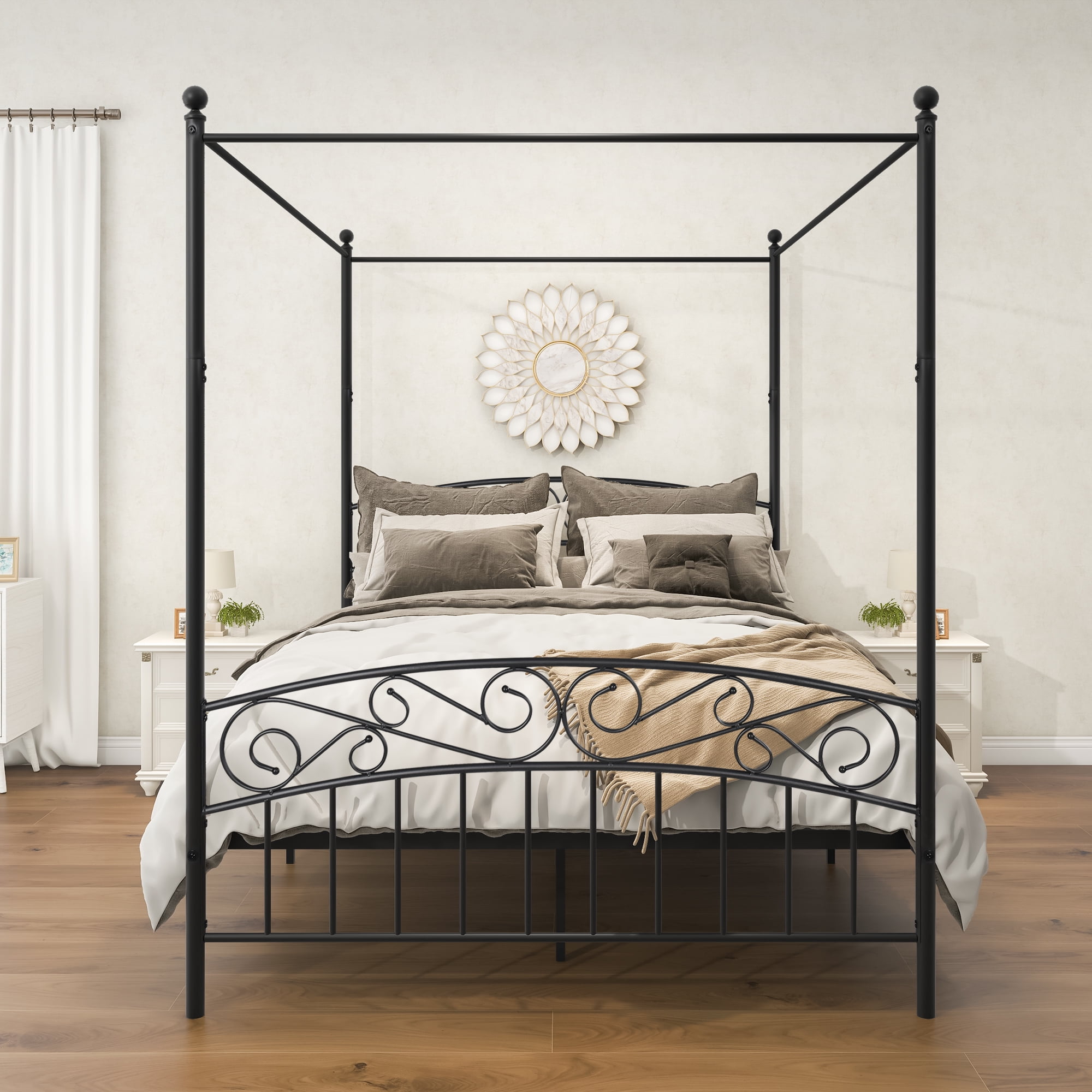 Romacci Canopy Bed Frame Queen Size Black Metal 4 Poster Mattress Foundation Modern Post Corner With Headboard For Girls Adults Walmart Com Walmart Com