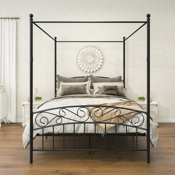 Sturdy Queen Metal Canopy Bed Frame with Headboard, Footboard & Underbed Storage - Black