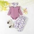 thumbnail image 2 of Odeerbi Baby Boys Girls Outfits Daisy Jumpsuit Cotton Romper with Pants Set Baby Long Sleeve Bodysuit Bow Pants Headscarf Three Piece Set Infant Clothes Purple, 2 of 9
