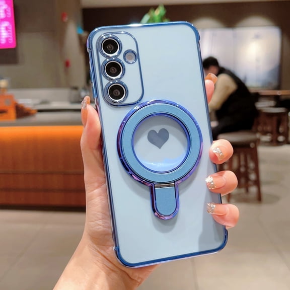 Case for Samsung Galaxy A37, Plated Frame Cover with Ring Kickstand, Cute Side Heart Pattern Lightweight Shockproof Protective Phone Case for Girls Women - Blue