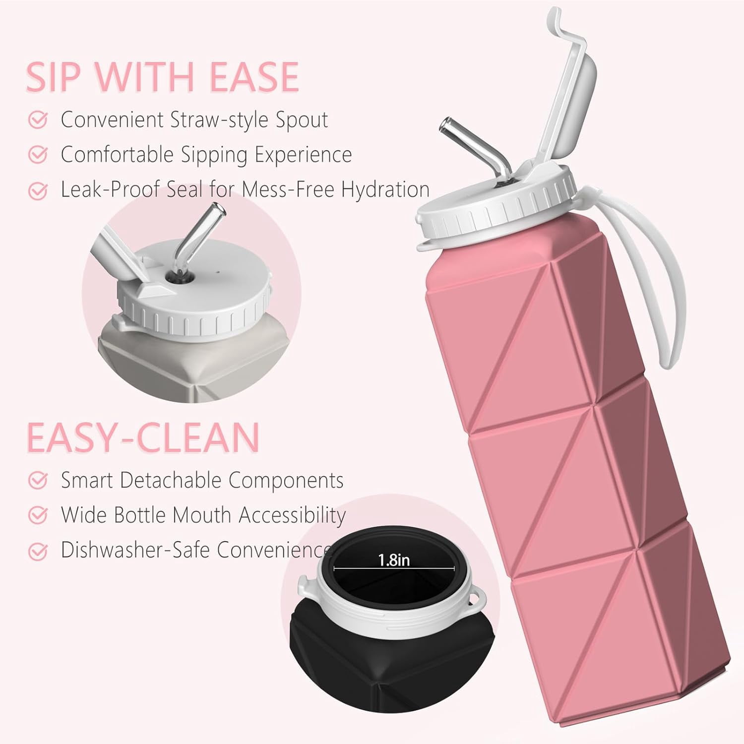 WarmH Collapsible Water Bottles 2 Pack, Silicone Foldable Portable Travel Water Bottle 20.6oz, Folding Lightweight Reusable Leakproof for Traveling Camping Hiking Cycling Yoga Sports Outdoor