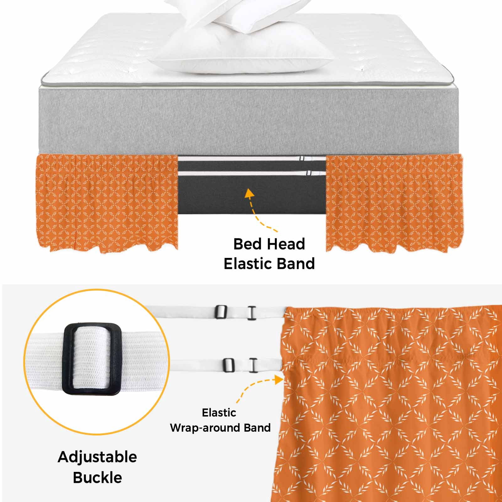 Orange Morocco Bed Skirt Queen Size 16 Inch Drop, Adjustable & Elastic Wrap Around Bed Skirts Pleated Dust Ruffles For Twin Full Queen Cal King Base Beds, Geometric Leaf Diamond Lattice Abstract