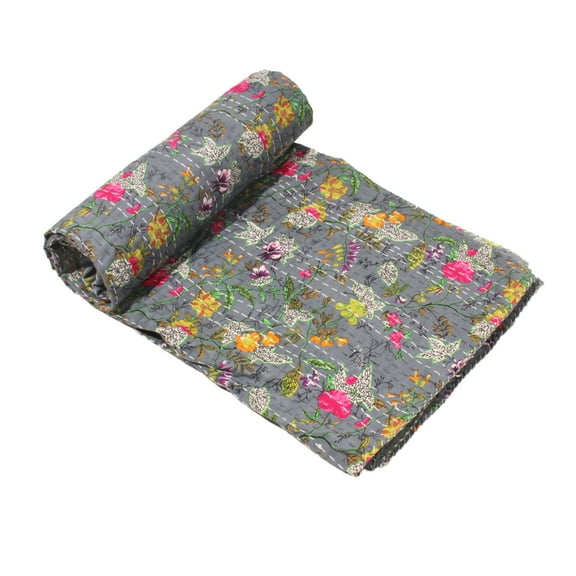 Indian Kantha Quilt Block Printed Kantha Blanket Cotton Kantha Bedspread Kantha Coverlet Throw king Size Kantha Bedcover 90x108