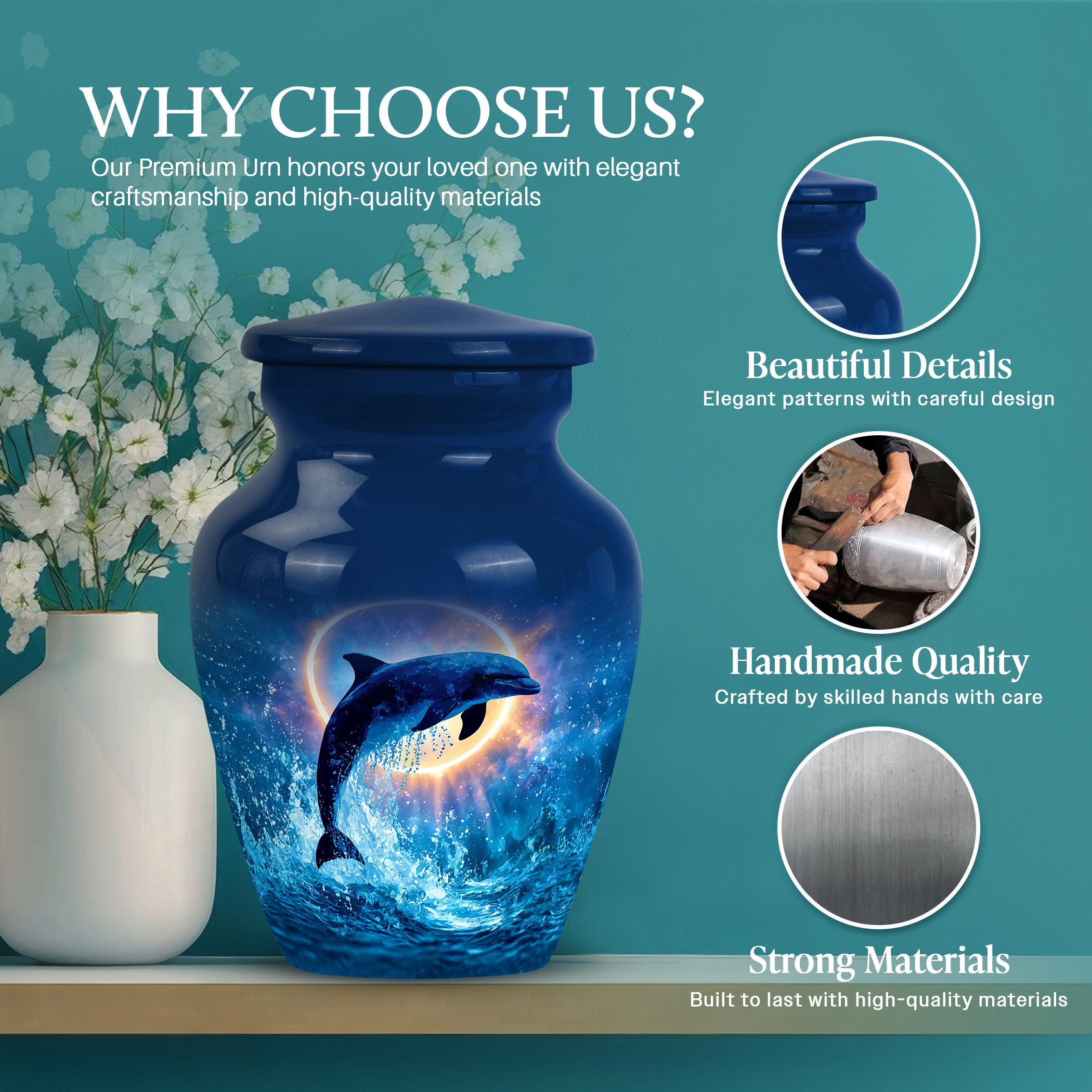 SABURIAL Dolphin Urn - Decorative Mini Tribute Urns for Female Ash - Beautiful Cremation Urns for Men & Women Ashes - Mini Funerala Urn for Ash - 3 Inch - Pack of 1