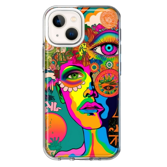 MUNDAZE Apple iPhone 13 Mini Shockproof Clear Hybrid Protective Phone Case Neon Psychedelic Hippie One Eye Pop Art Cover