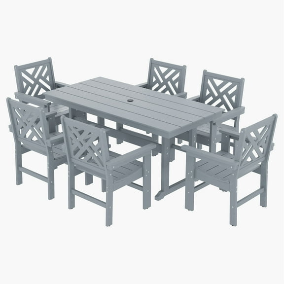 KETOYARK 7 piece dining table set,HDPE Outdoor Dining Set with Umbrella Hole,Weather Safe Outdoor Table and Chairs for Garden, Backyard, Poolside Gray