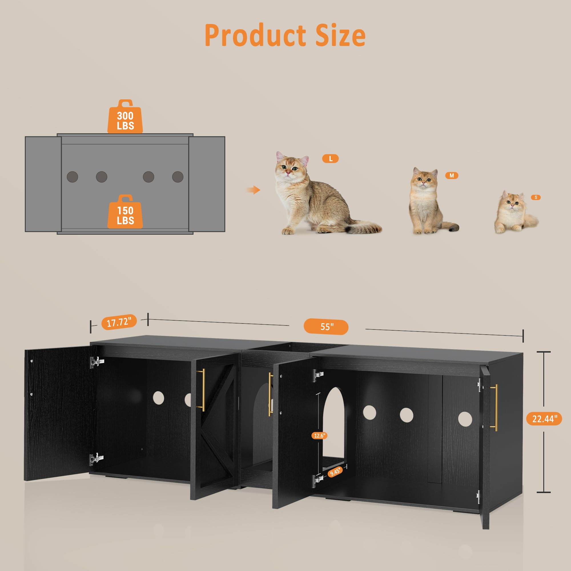 55" Large Cat Litter Box Enclosure for 2 Cats,Litter Box Enclosure with Double Cage,Hidden Cat Litter Box Furniture with Double Room and Cushion,Wooden Kitty Litter Box Cabinet Furniture,Cat House
