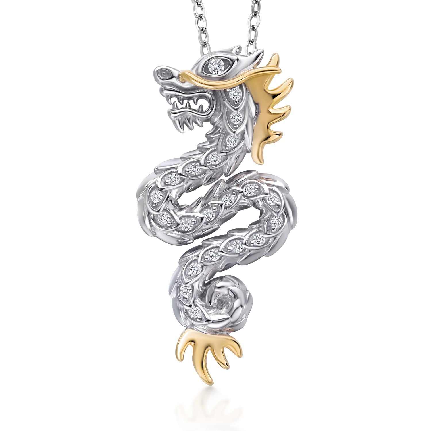 Gem Stone King Lab Grown Diamond Dragon Necklace | 925 Sterling Silver and 10K Gold | Dragon Pendant Symbolize Luck Strength and Success | With 18 inch Chain | Designed By Keren Hanan
