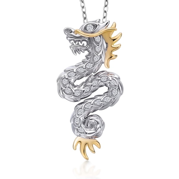 Gem Stone King Dragon Necklace with Lab Grown Diamond | 925 Sterling Silver and 10K Gold | Dragon Pendant Symbolize Luck Strength and Success | With 18 inch Chain | Designed By Keren Hanan