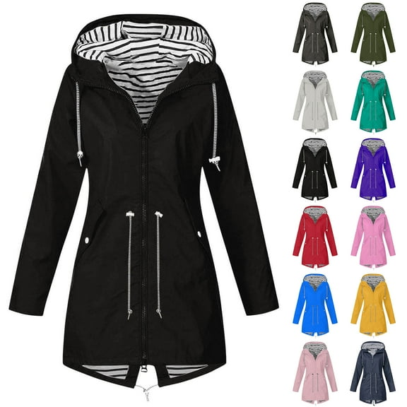 Otntypg Plus Size Raincoat for Women Waterproof with Hood Lightweight Packable Drawstring Elastic Waist Long Hooded Trench Coats Full Zip up Windbreaker Travel Jacket Navy XXXXL