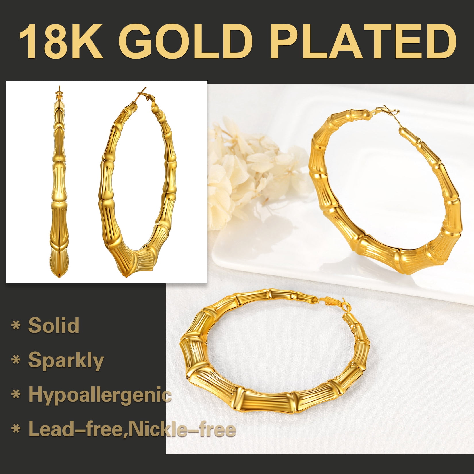 U7 Women Large Big Hoop Earring Gold Plated Bamboo Earrings 80mm Stainless Steel Christmas Gift for Mother Wife