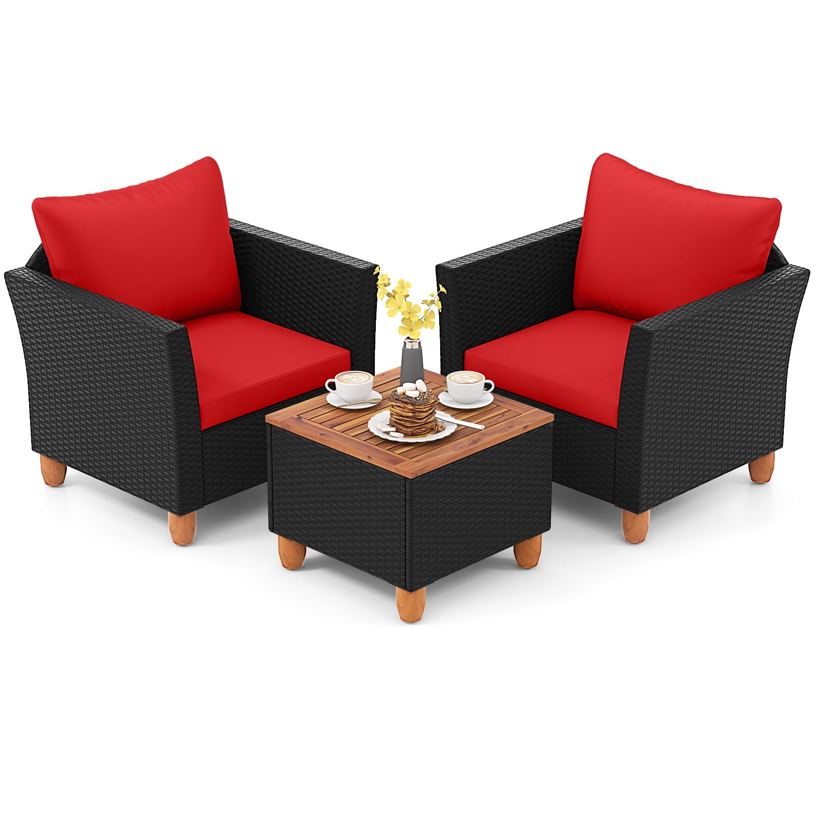 Costway 3PCS Outdoor Patio Rattan Furniture Set Wooden Table Top Cushioned Sofa Red