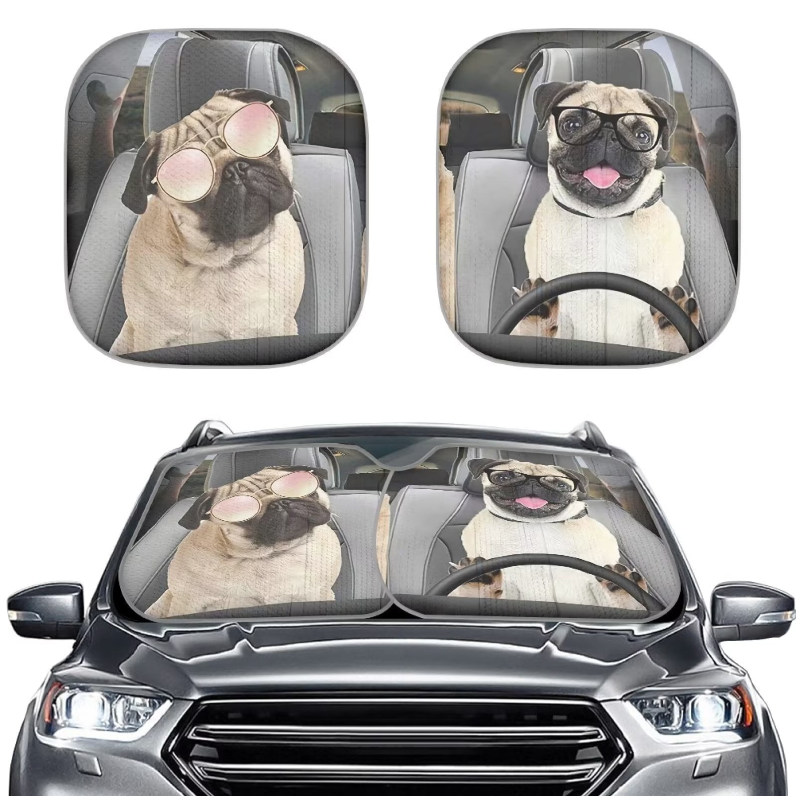 FKELYI Pug Driver Car Accessories Set of 2 Sunshade Universal for