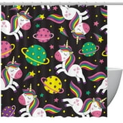 OWNTA Cute Unicorn Space Universe Planets Pattern Waterproof and Printed Shower Curtain Set with Hooks  Bathroom Decorative Curtains
