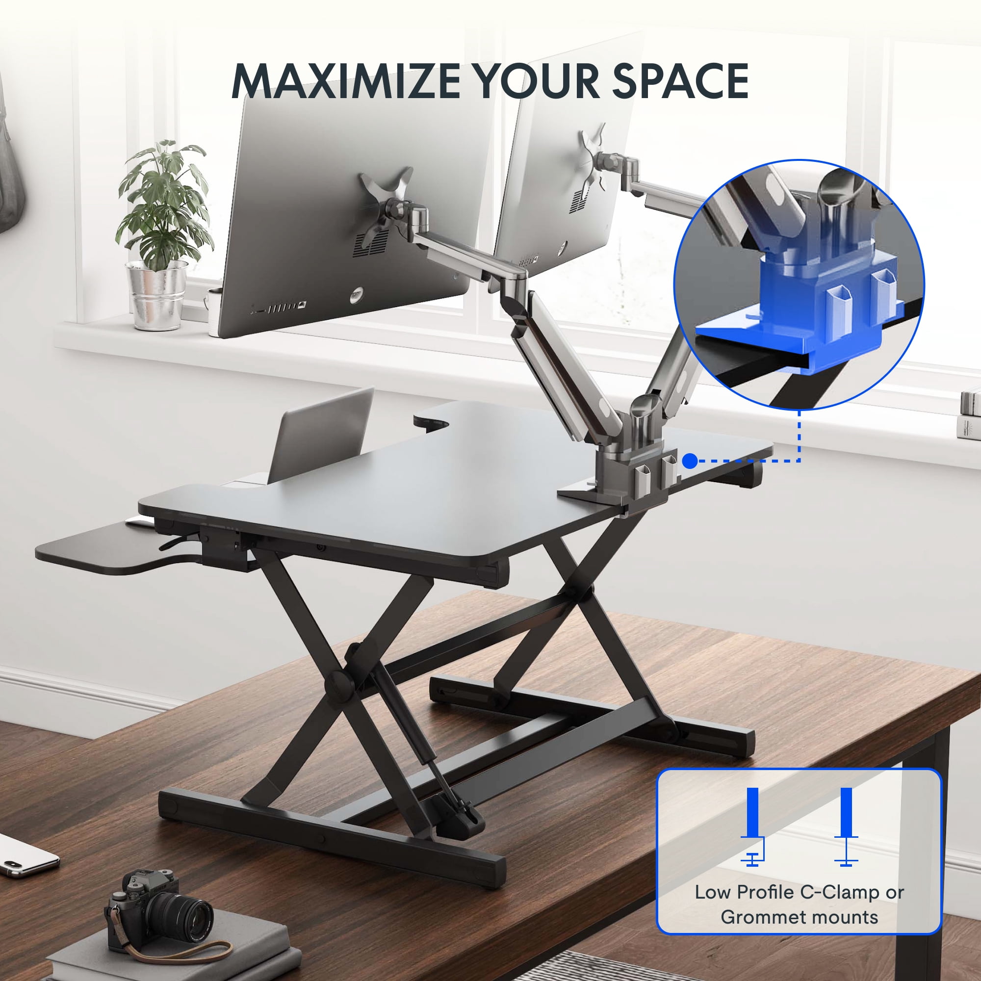 FLEXISPOT 35“ Height Adjustable Stand Up Desk Converter,  Height Adjustable Sit to Stand Riser, Dual Monitor and Laptop Workstation with Keyboard Tray, Black