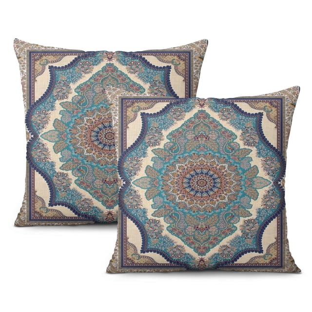 Boho Chic Green Monaco Rug Pillow Covers - Double Sided Pattern, 18x18 inch, Set of 2