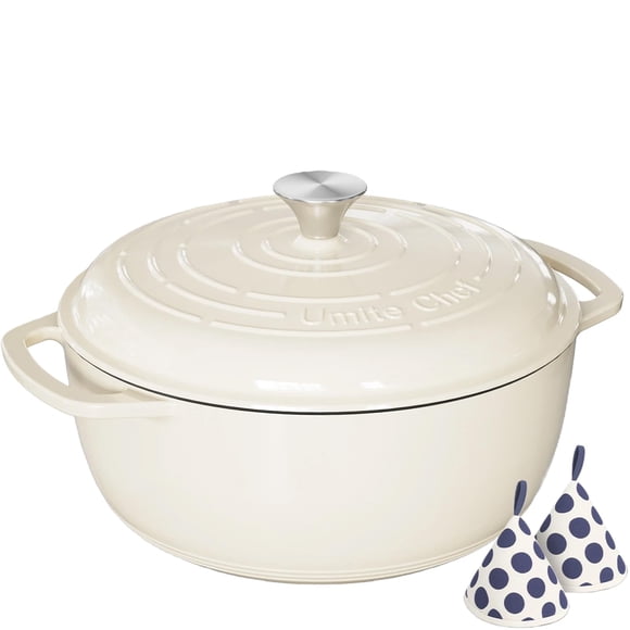 Horno holandés de hierro fundido esmaltado Umite Chef de 6 cuartos, color crema