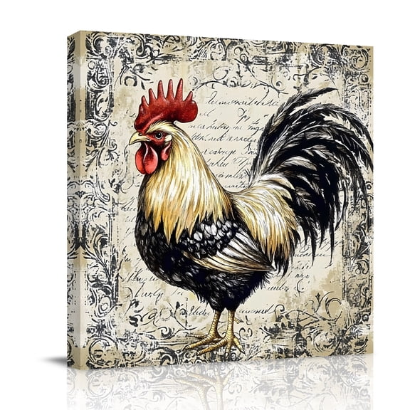Black White Rooster Canvas Wall Art for Living Room, Vintage Watercolor Farmhouse Animal Country Poster Print Painting for Bedroom Office Home Decoration Wall Pictures Prepare To Hang 12"x12"
