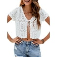 thumbnail image 1 of Cárdigan, Cárdigan corto para mujer, cuello en V, mangas cortas, ahueca hacia fuera, tops casuales c Abanopi Blanco/Medio, 1 of 7