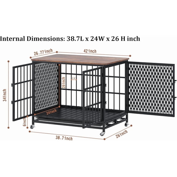 42 inch Large Dog Crate Furniture with Removable Trays, 3 , 4 Wheels & 5 Locks for Medium and Large Dogs