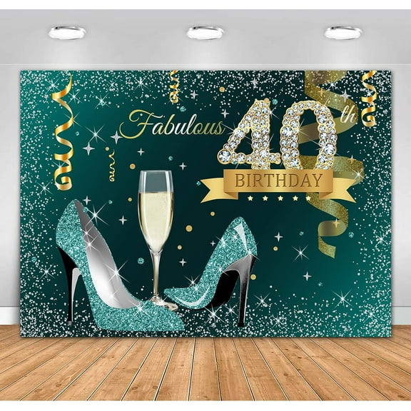 Teal Gold Glitter Happy 40th Birthday Backdrop Turquoise Silver Dots Heels Fabulous Forty Birthday Background for Women Shining Diamond 40th Birthday Party Decorations Banner Photo Booth Props
