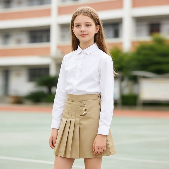 Girls' School Uniform Pull-on Scooter Khaki Skirt Casual Wear Daily Outfit Spring Summer with Button 11-12 Years