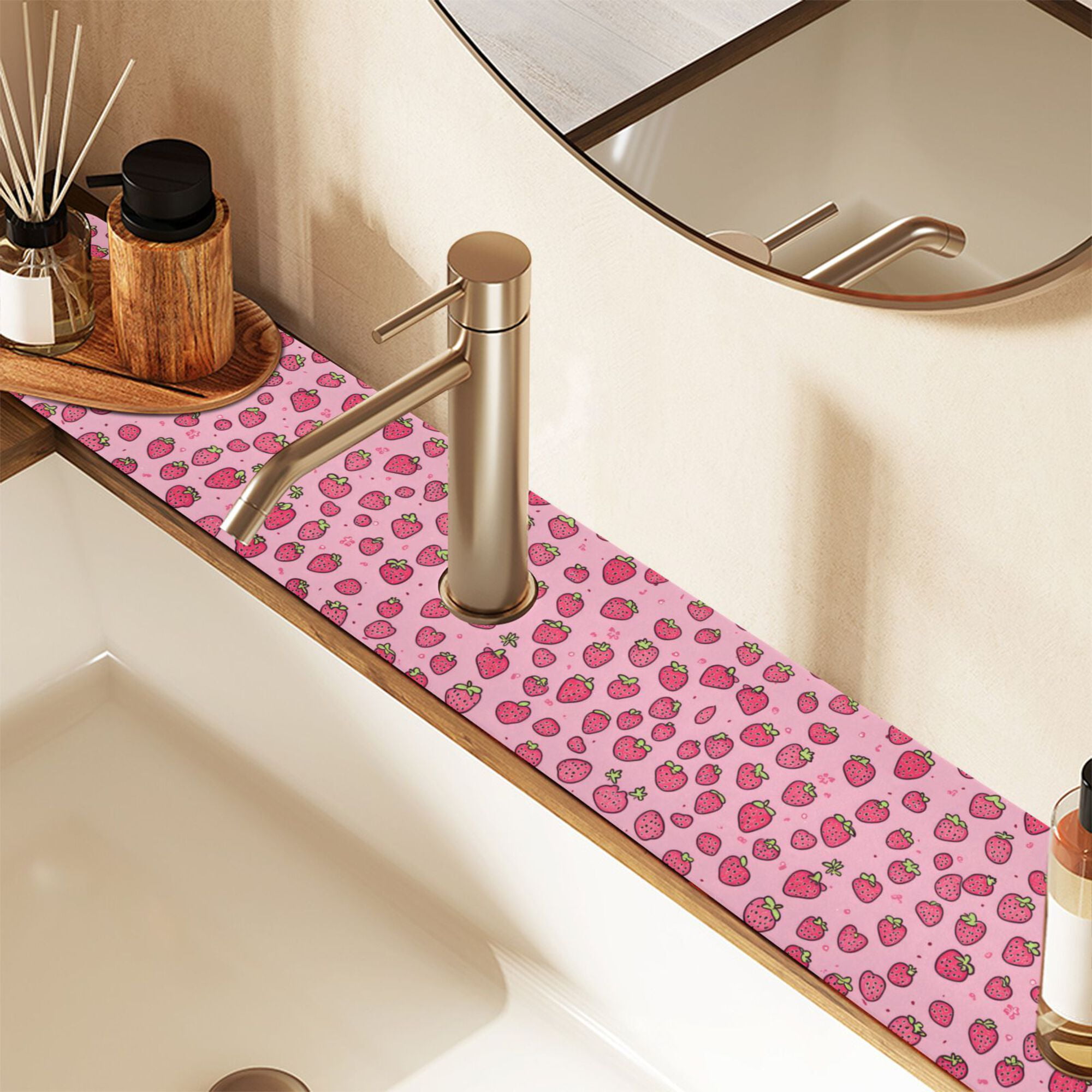 Yayeee Faucet Mat for Kitchen Sink 30" Diatomite Long Splash Guard Pad, Strawberry Bliss, 2 Pack