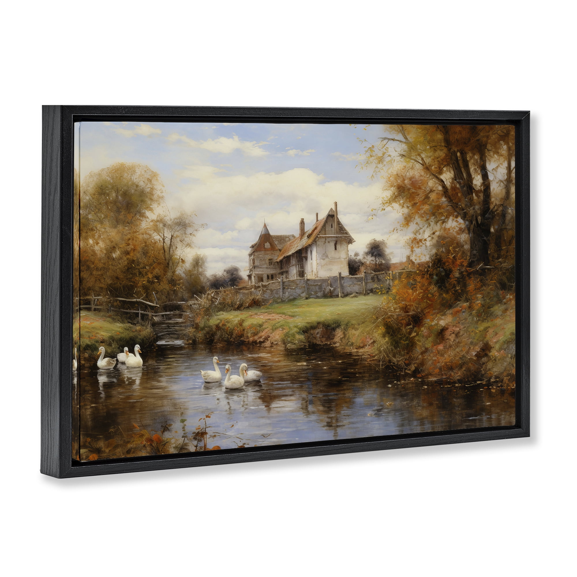 Stupell Industries Ducks in Cottage River Landscape & Nature Painting Black Floater Framed Canvas Art Print Wall Art, 25 x 17