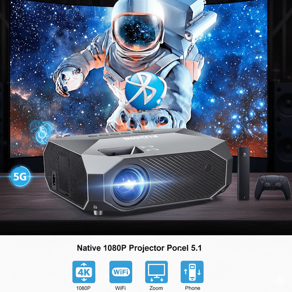 Native 1080P Projector 4K Supported 5G WiFi Bluetooth 5.1 Portable Home Theater Movie Projector for Outdoor Gaming Console TV Stick Phone Laptop PS5 Streaming Smart Projector Easy Zoom Function