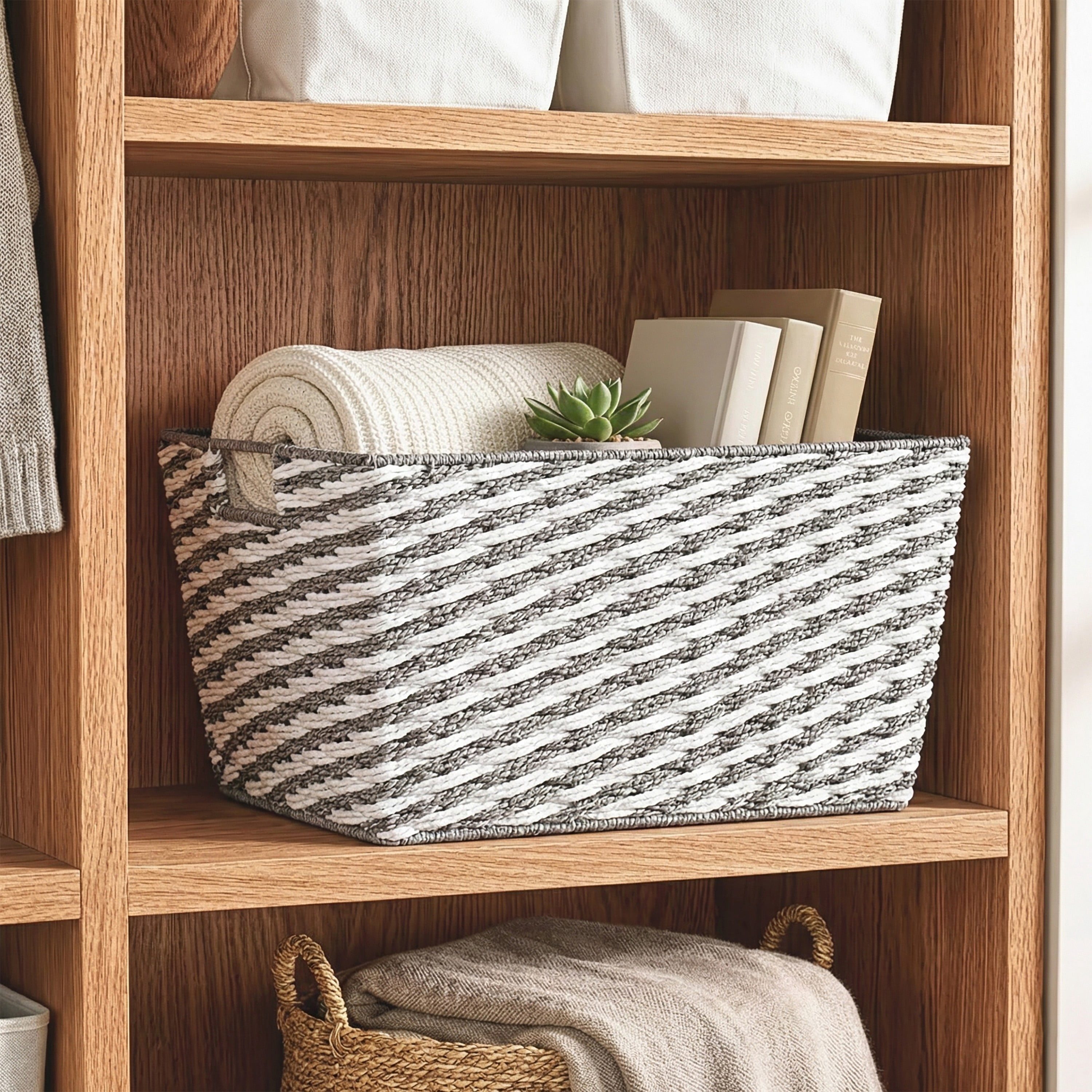 Simplify Medium Striped Woven Basket in Grey
