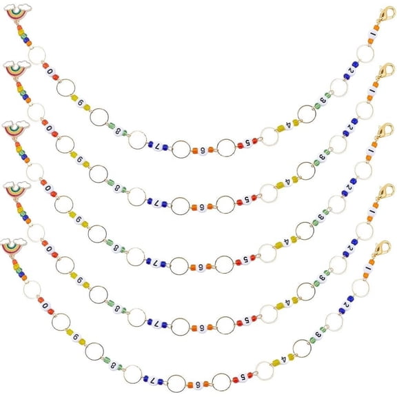 6Pcs Alloy Enamel Rainbow Charm Knitting Row Counter Chains Acrylic Number Glass Seed Beaded Knitting Row Counter Chains Colorful 350mm for DIY cratf