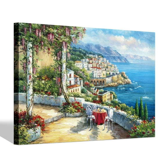 SD SOFT DANCE European Town Canvas Wall Art - Coastal Flower Garden Artwork Painting Reproduction Print for Office (24'' x 36'' x 1 Panel)