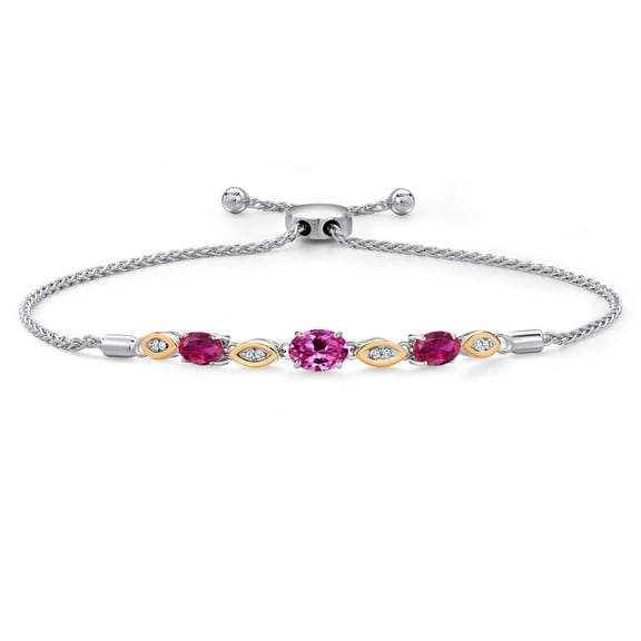925 Silver and 10K Yellow Gold Pink Created Sapphire and Red Created Ruby and Lab Grown Diamond Bracelet for Women | 1.96 Cttw | Gemstone September Birthstone | Oval 7X5MM | Fully Adjustable 9"