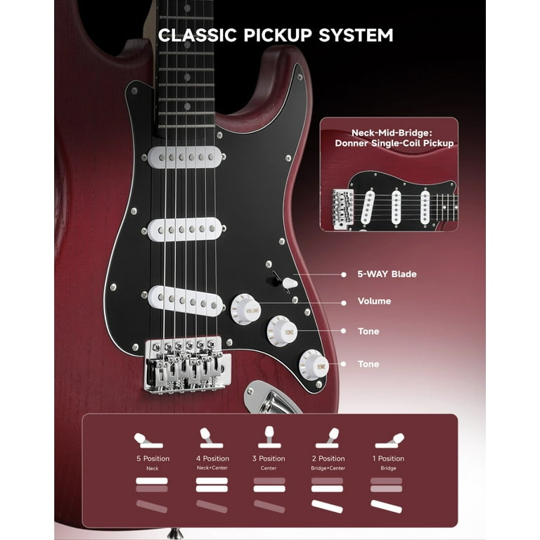 Donner DST-80 Electric Guitar with Amp Solid Body 39" Beginner Kits, Red
