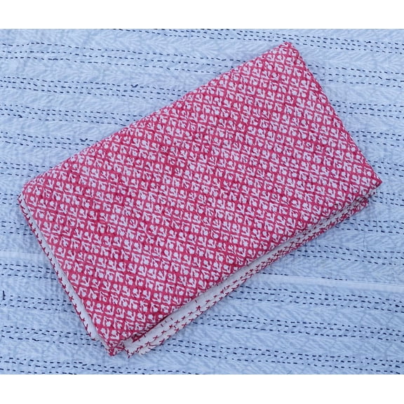 Pink Block Print Handmade Kantha Quilt – Soft Cotton Bedspread from India, Lightweight Blanket for Everyday Use