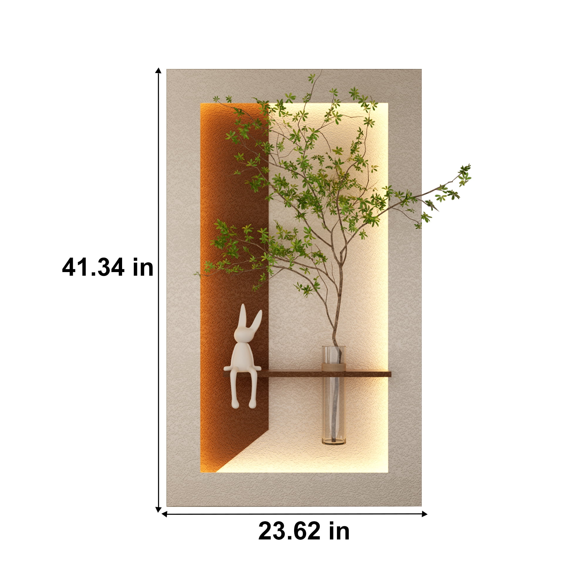 Aukfa 3D Sandstone Wall Art with Artificial Green Plants, LED Wall Decor with Glass Vase & Rabbit Statue, Remote Control for Living Room/Bedroom
