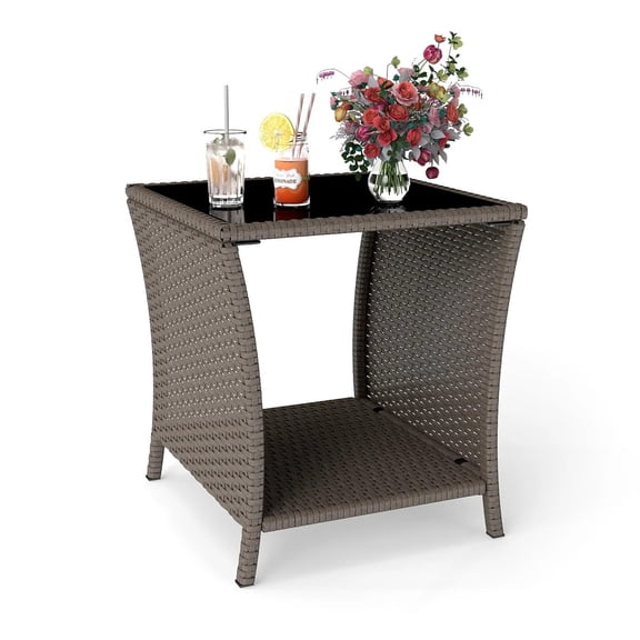 Outdoor PE Wicker Side Table with Tempered Glass Top & Storage Shelf, Weatherproof Patio End Table for Balcony Porch Deck