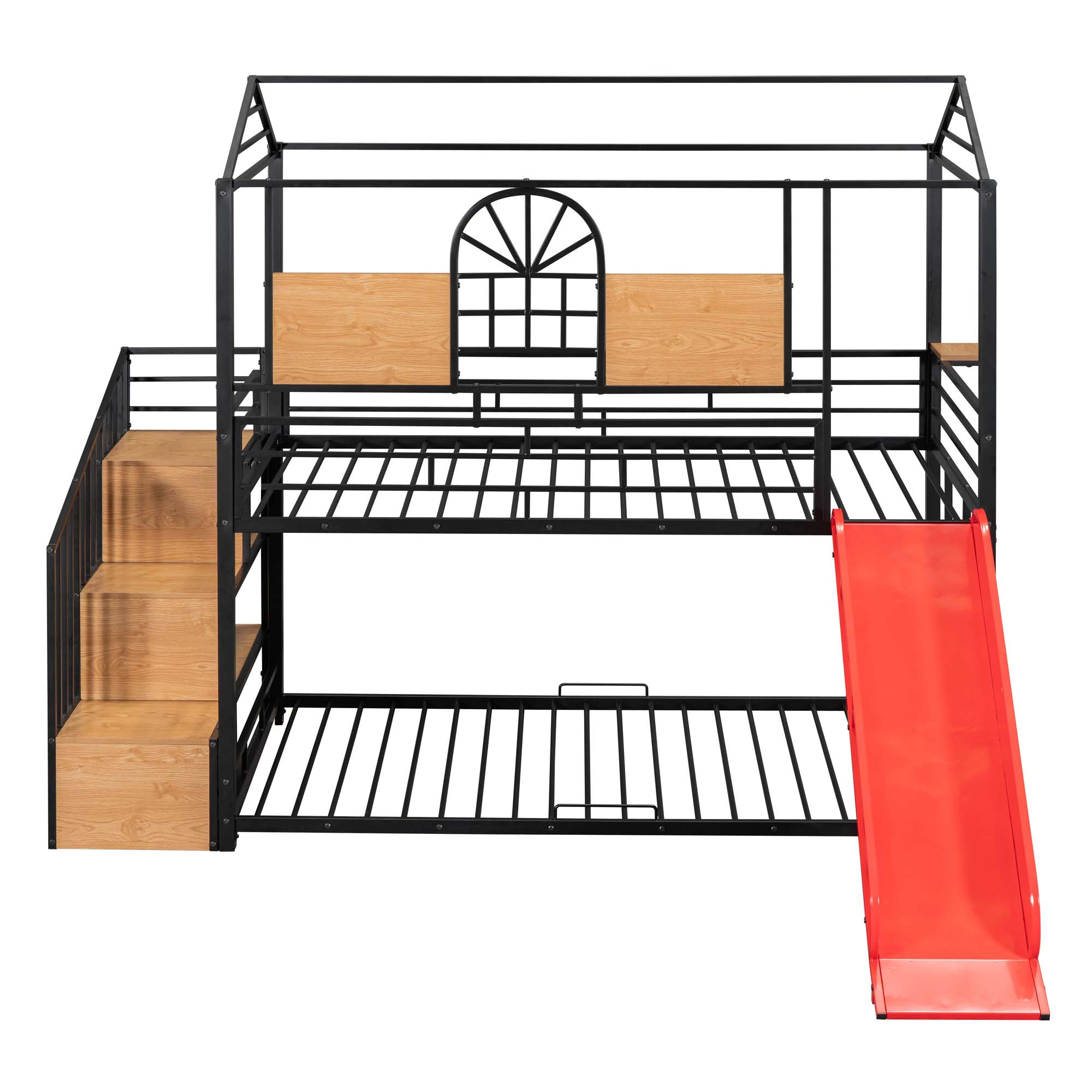 Aukfa Twin over Twin Bunk Bed with Slide, Metal House Bunk Bed with Staircase and Shelves for Kids - Black/Red
