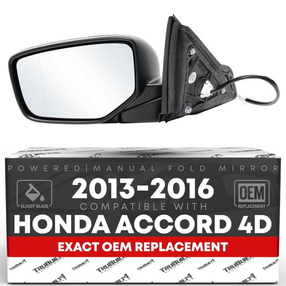 Driver Side Mirror Replacement - Compatible with 2013-2016 Honda Accord 4D - Powered Adjustment, Manual Fold, Aspherical Glass - Smooth Black, 14H3P - OEM 76258T2FA01, HO1320272