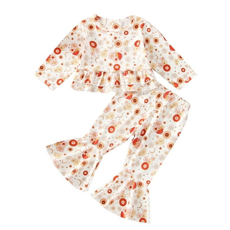 

Musuos Baby Girl Floral Long Sleeve Ruffle Rib Crop Top Bell Bottom Flare Pants