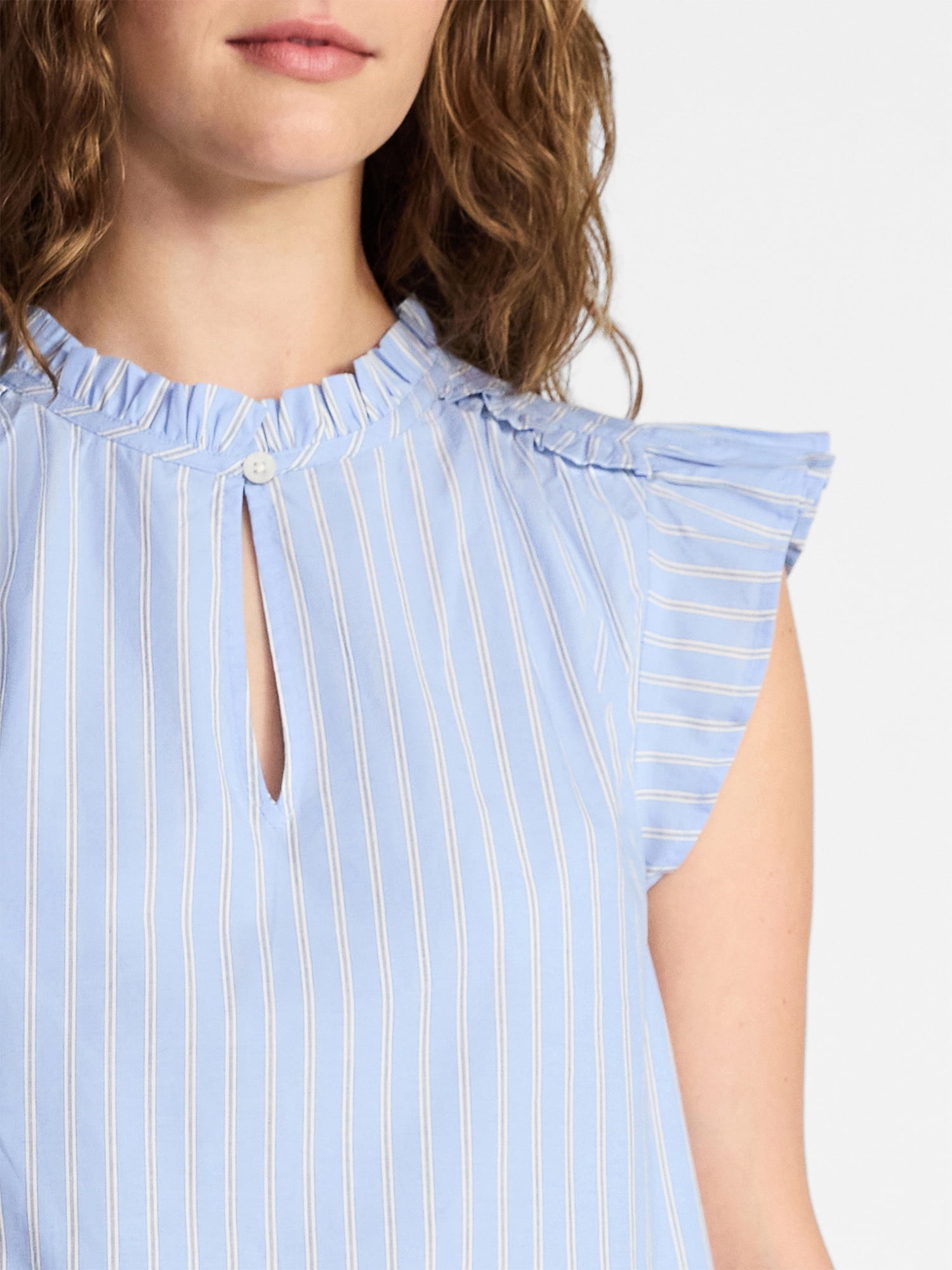 Time and Tru Women's Cotton Split Neck Top with Flutter Sleeves, Sizes XS-XXXL