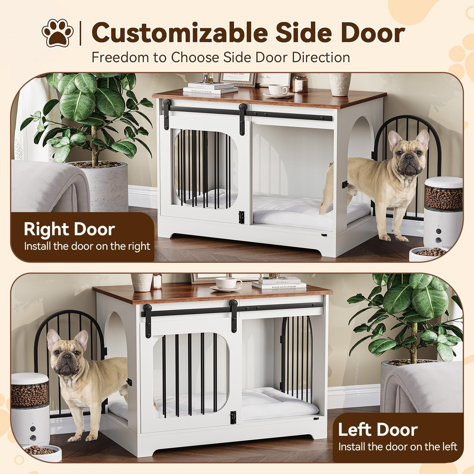 39.4'' Wooden Dog Crate Furniture TV Stand, Indoor Dog Kennel for Small/Medium/Large Dogs, End Side Table Dog Crates with Soft Cushion, Arched Door Design