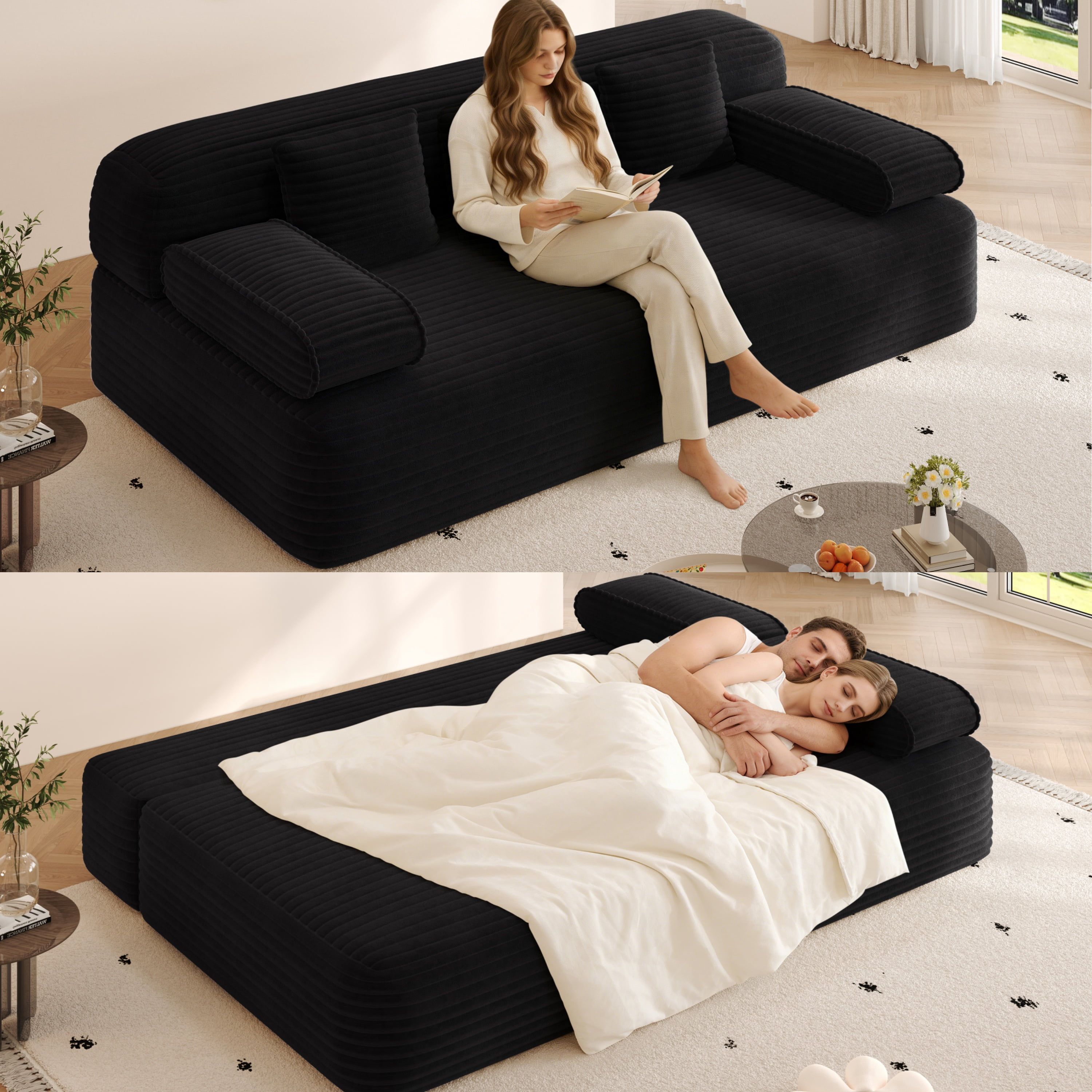 Miniyam 78.7" Sleeper Sofa Bed, Convertible Corduroy Floor Couch, No Assembly, 3 Pillows, Black