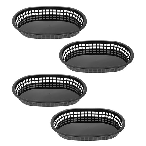 HOMEMAXS 4 Pcs Fast Food Baskets Black Oval Plastic Baskets Food Service Tray For Hot Dogs Burgers Sandwiches Fries Barbecue Picnics Parties