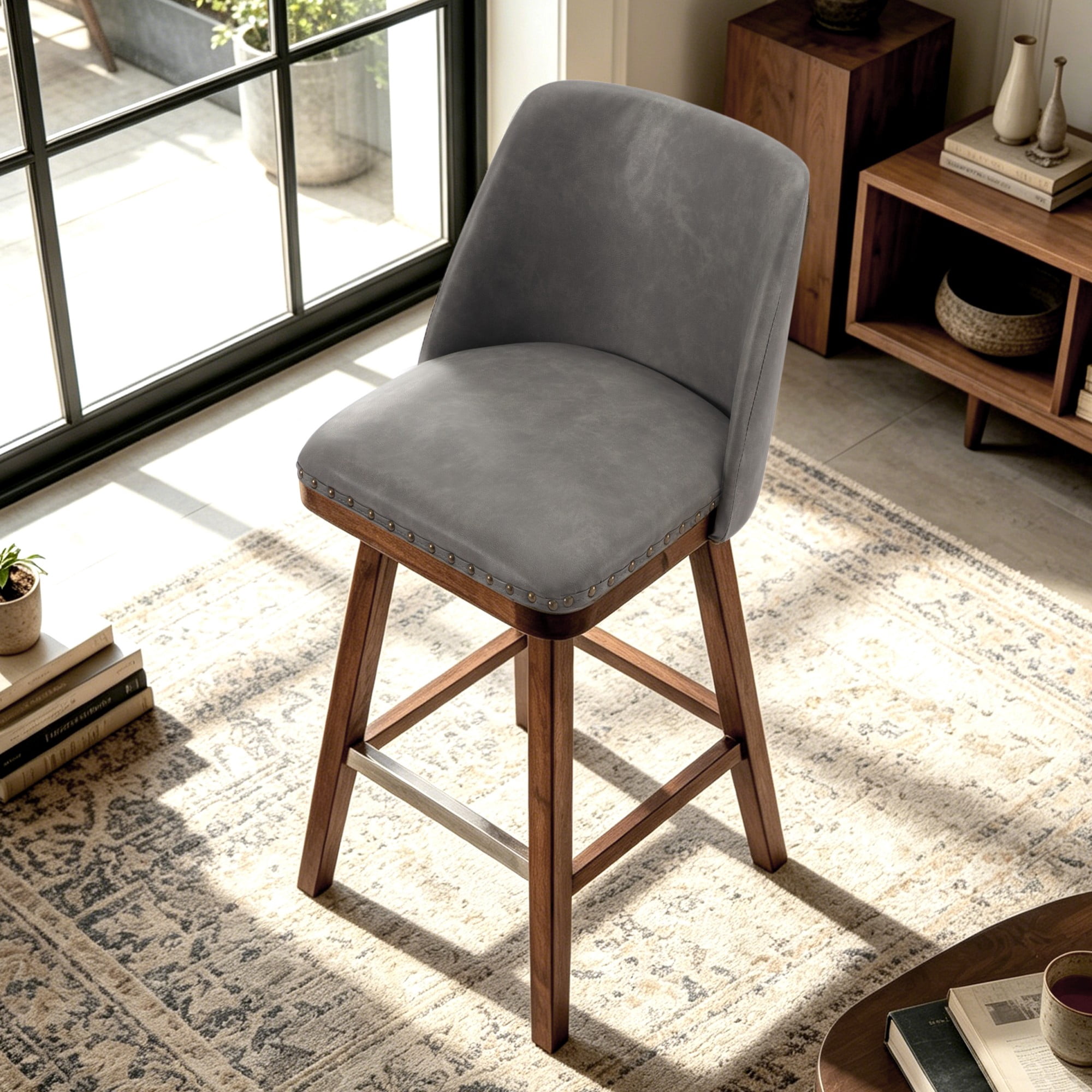 BSHTI 18.9" PU Swivel Barstool with Back Support, Foam Seat, Wood Frame, Footrest for Dining Rooms（Grey）