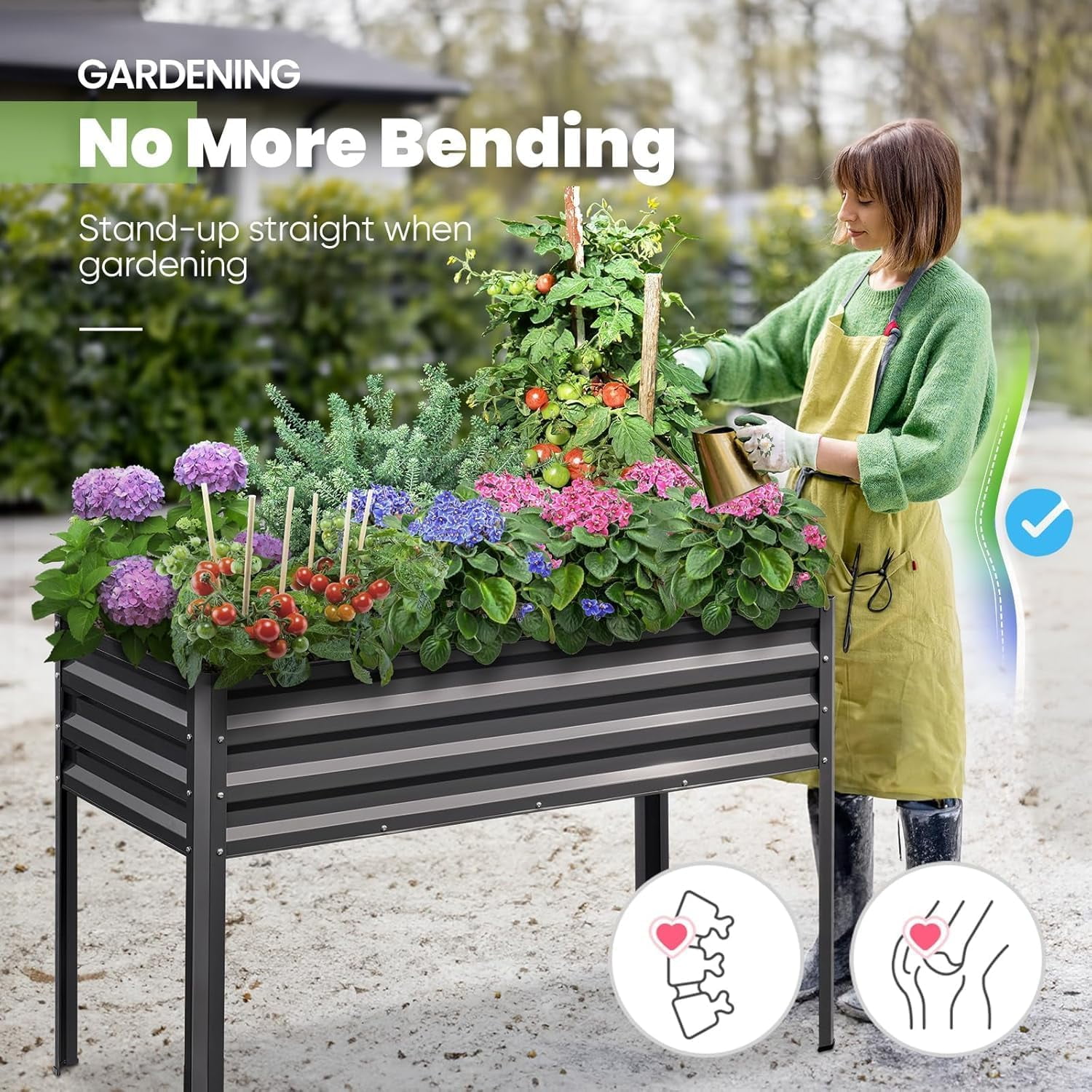 KING BIRD Raised Garden Bed with Irrigation System and Legs Galvanized Elevated Planter Box 48×24×30 in for Backyard, Patio, Balcony, 400lb Capacity, Dark Grey