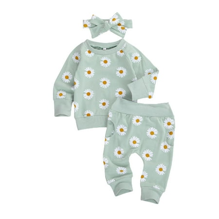 

3PCS Flower Outfits Set for Infant Baby Girl Long Sleeve Shirts Top + Long Pants + Headband Fall/Winter Clothes