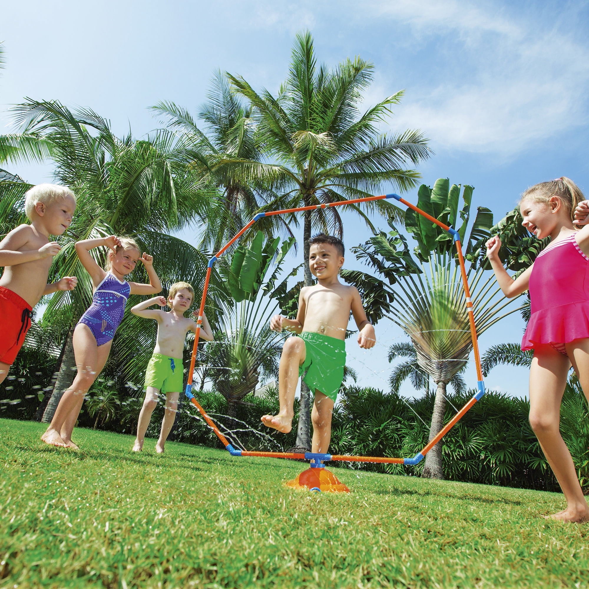Bestway: H2OGO! Hydro Hoop Water Sprayer Sprinkler - Blue & Orange, Octagon Shaped, Rotating Water Splasher Blaster, Outdoor & Backyard Play, Kids 3+