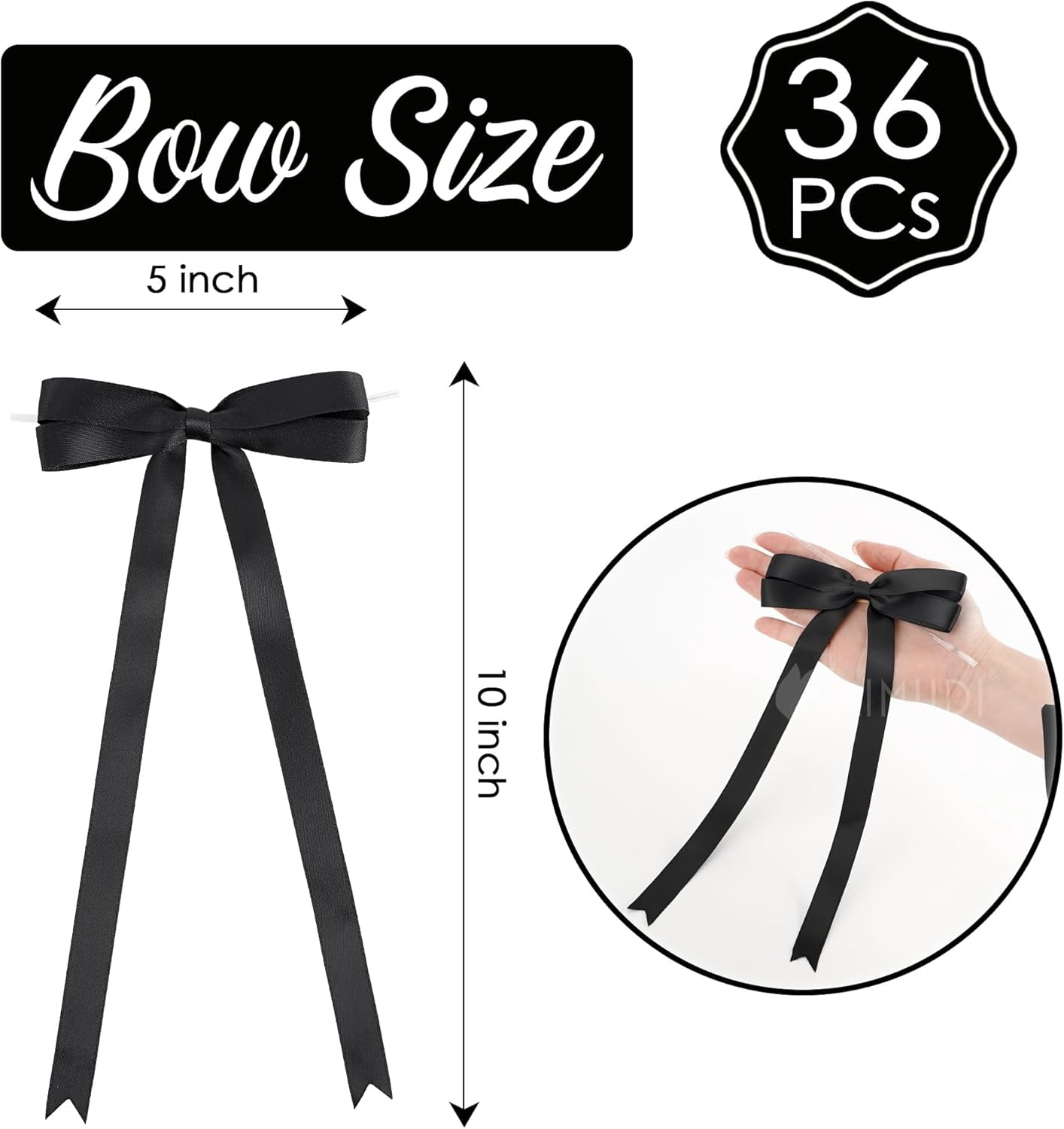Black Bow 5 × 10" Satin for Gift Wrapping Twist Tie Bows Premade Ribbon Bouquets Invitations Baskets Crafts Wreaths Wedding Birthday Baby Shower Party Decorations, 36 PCs