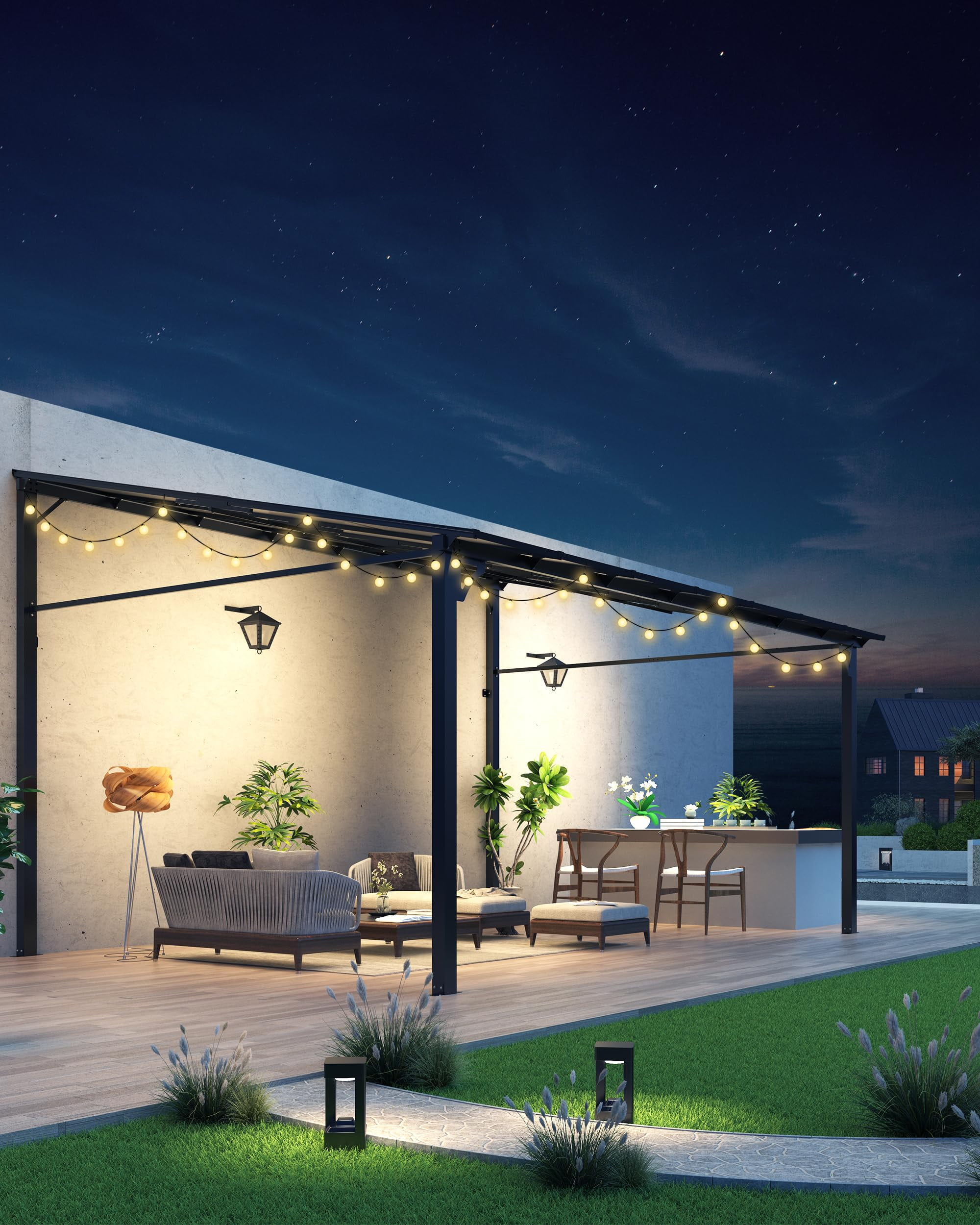 TROPOW 12' x 14' Lean to Gazebo, Hardtop Wall Pergola with Polycarbonate Roof, Aluminum Frame Mounted Gazebo for Lawn Patio Deck Yard and Party